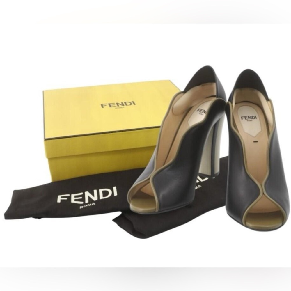 Fendi Black Leather Scalloped Peep-Toe Heels